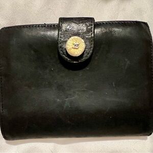 CHANEL Black Leather Compact Wallet with Gold Button